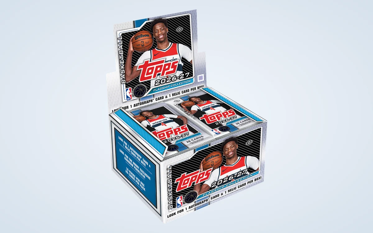 The 2026-27 Topps Flagship Basketball jumbo box, with 10 packs of 28 cards and one autograph and one relic per box