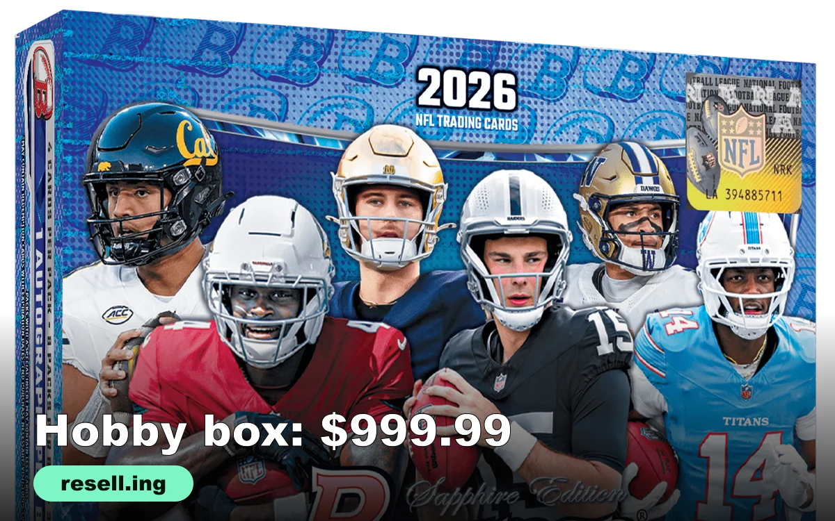 The 2026 Bowman Football Sapphire Edition hobby box, showing six college and NFL rookies and the 1 autograph per box banner