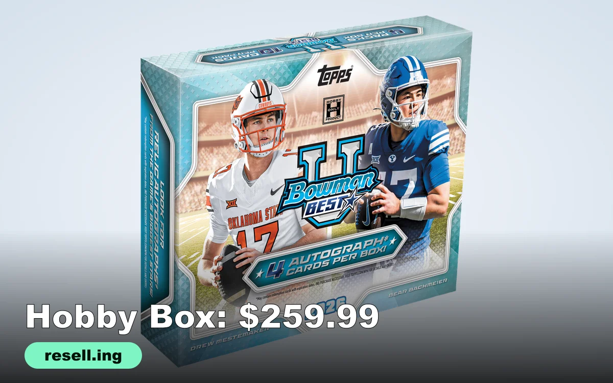 The 2026 Bowman U Best Football hobby box with two college quarterbacks and the 4 autograph cards per box banner