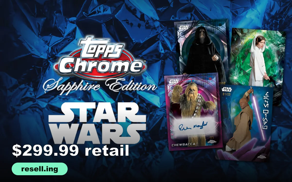 Topps Chrome Sapphire Edition Star Wars logo beside four Sapphire cards, including Palpatine, Princess Leia, a Chewbacca autograph and Mace Windu, on a blue crystal background