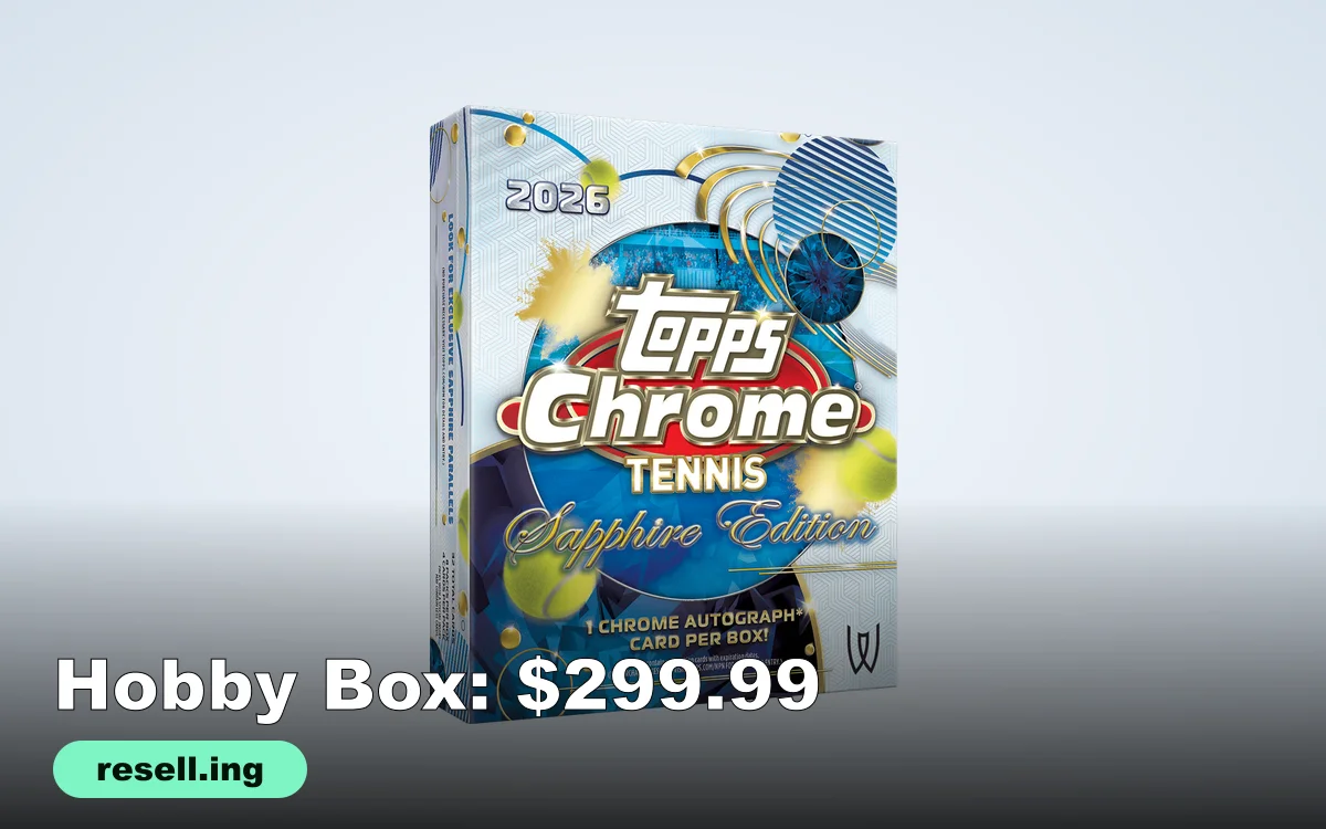 The 2026 Topps Chrome Tennis Sapphire Edition hobby box, with a tennis ball, gold arcs and a blue sapphire design