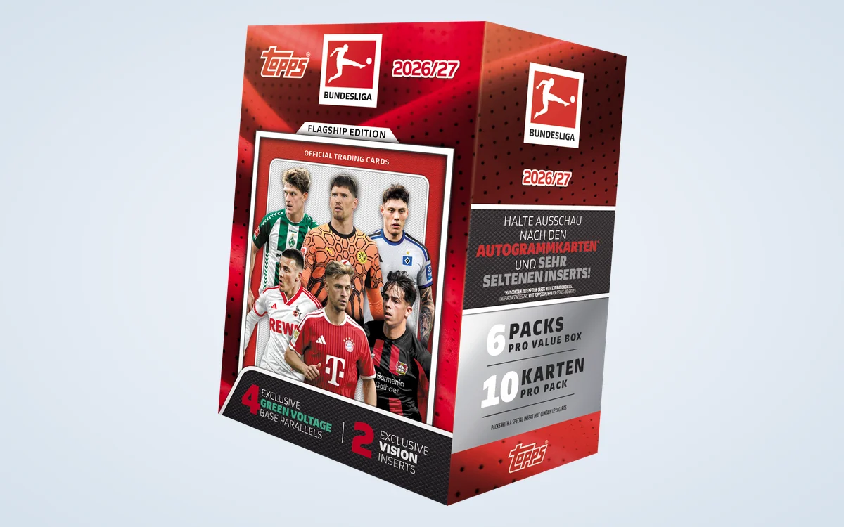 The 2026-27 Topps Flagship Bundesliga Value Box, showing six club-kit players on the front