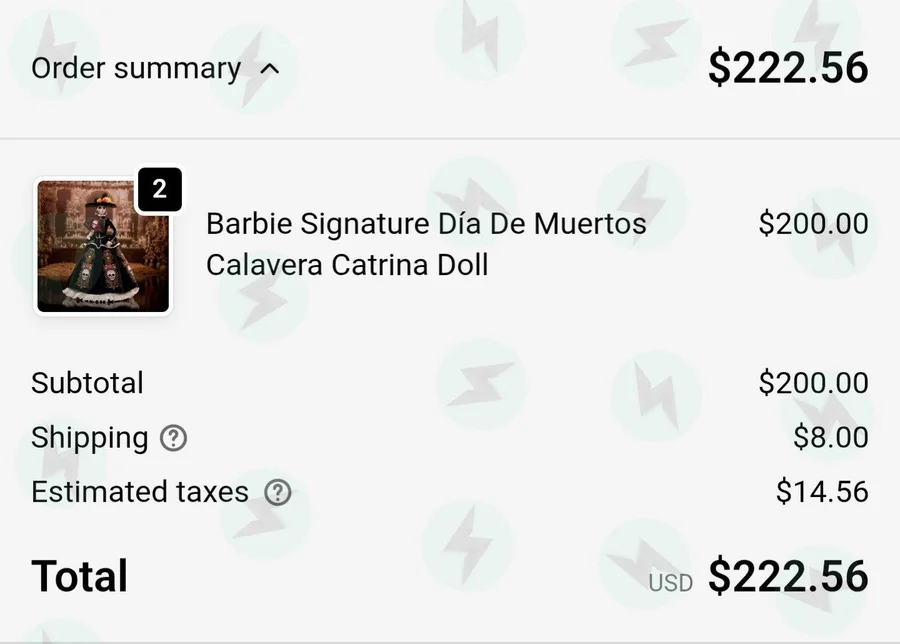 A Mattel Creations checkout confirmation for 2 Barbie Signature Día de Muertos Calavera Catrina dolls, $200 subtotal and $222.56 total, posted in our #success channel
