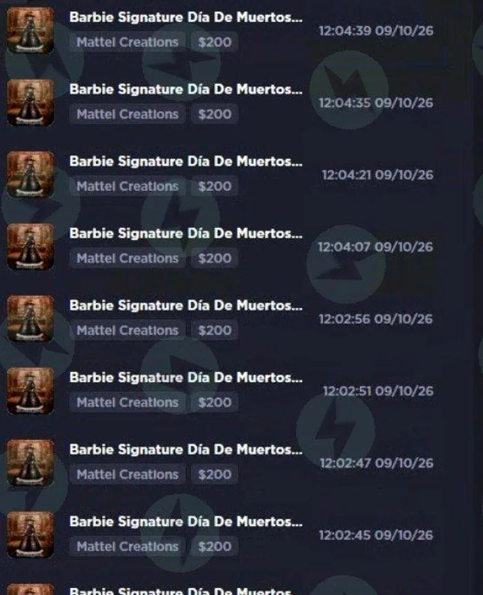 A checkout feed showing a run of Barbie Signature Día de Muertos Calavera Catrina doll checkouts at $200 each between 12:02 and 12:04 pm on October 9, posted in our #success channel