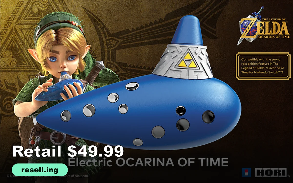 Official HORI promo image of the blue Electric Ocarina of Time with Link playing the ocarina, with the resell.ing logo