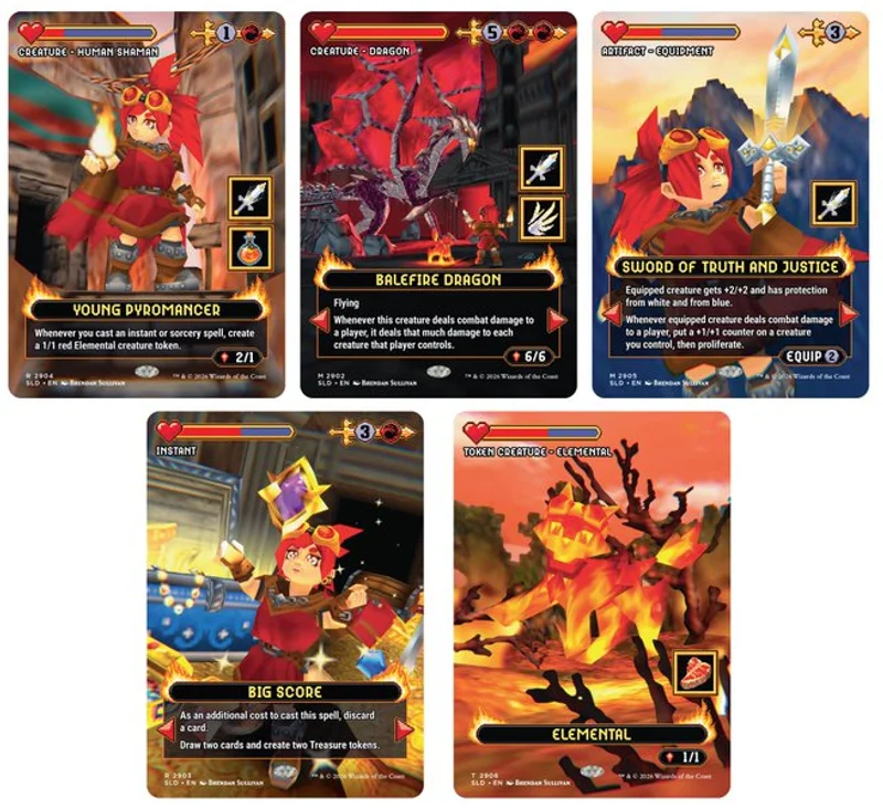 Rise of the Polygons Secret Lair cards: Young Pyromancer, Balefire Dragon, Sword of Truth and Justice, Big Score and the Elemental token