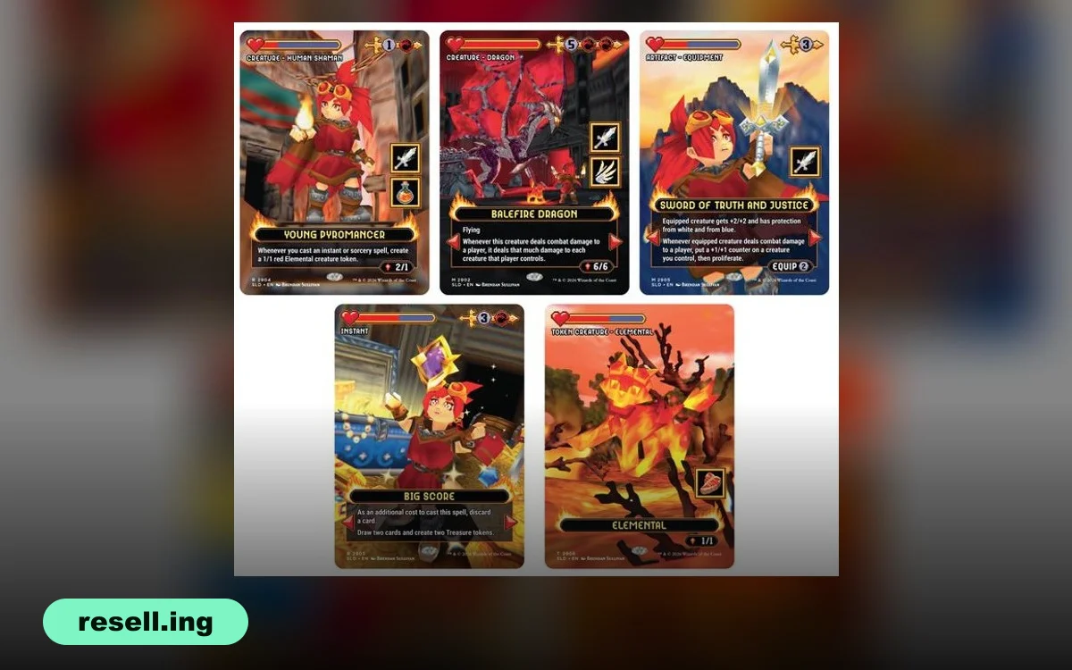 The five cards of the Extra Life 2026 Rise of the Polygons Secret Lair drop: Young Pyromancer, Balefire Dragon, Sword of Truth and Justice, Big Score and a 1/1 Elemental token, all in a 3D video game style with health bars