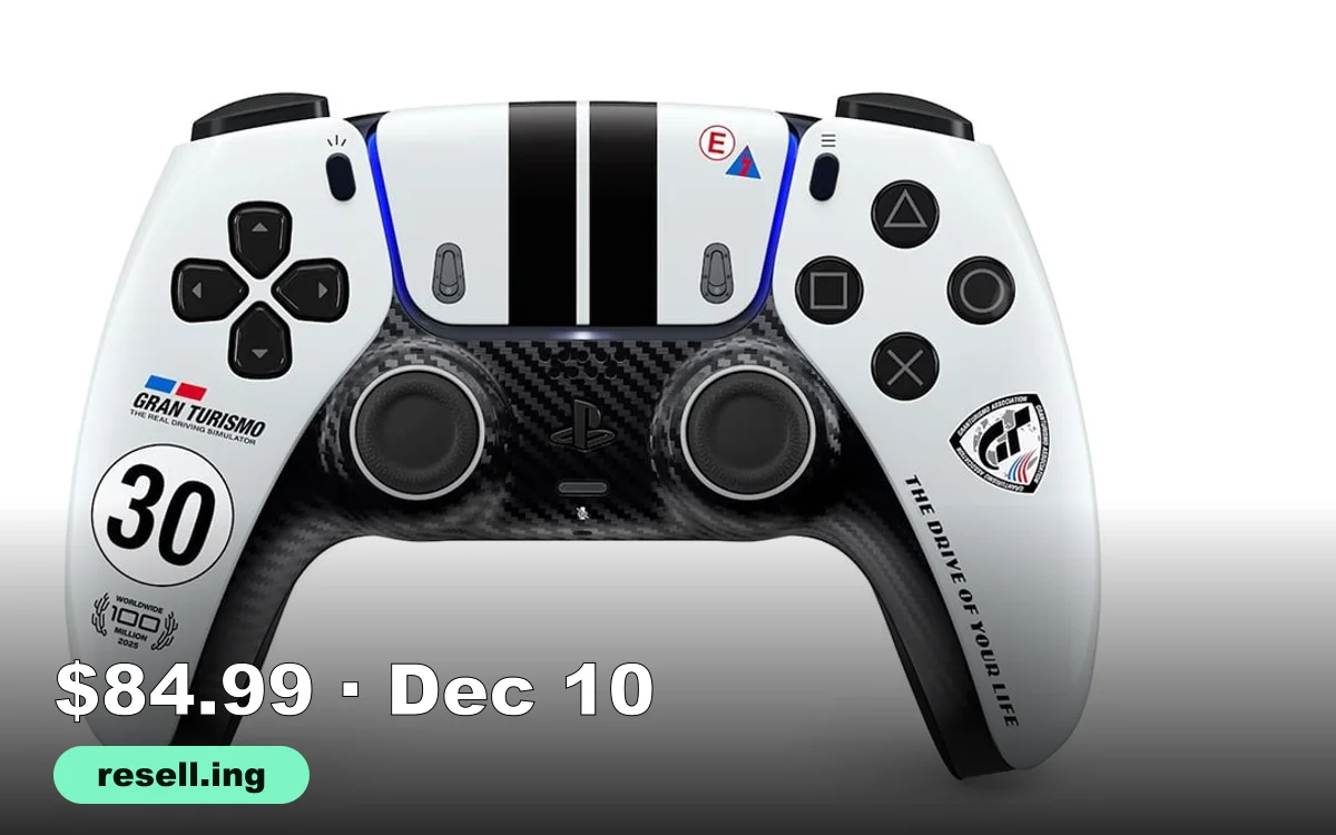Official image of the white Gran Turismo Limited Edition DualSense controller with black racing stripes on the touchpad, a carbon-fibre-style front plate and a number 30 roundel, with the resell.ing logo
