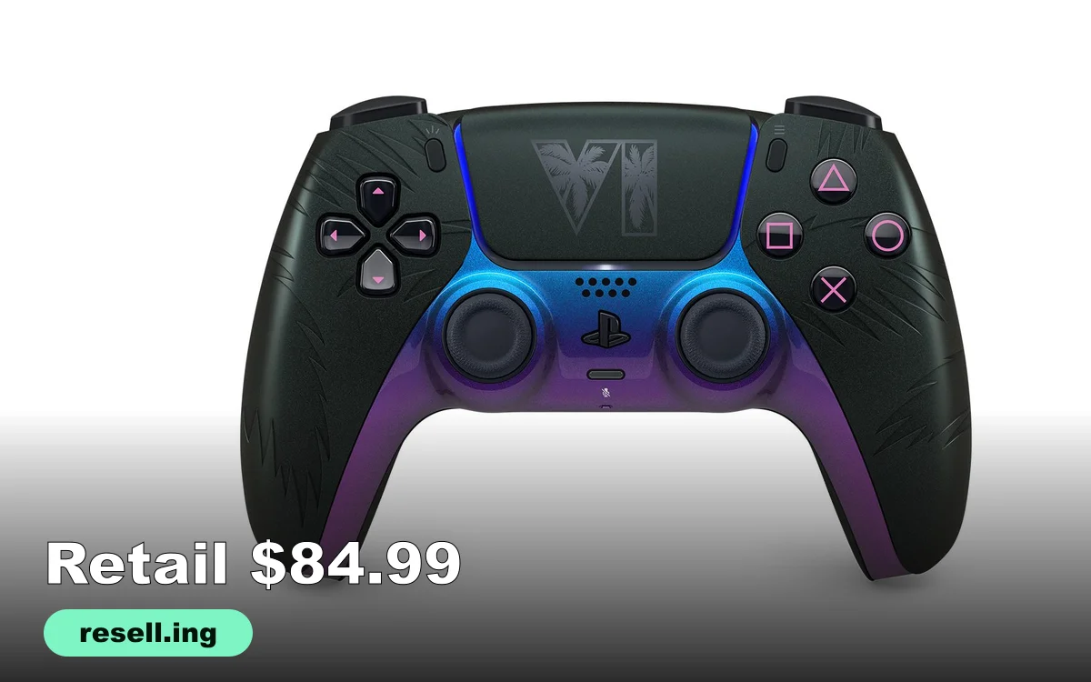 Official Sony image of the black Grand Theft Auto VI limited-edition DualSense controller with the VI logo on the touch pad, with the resell.ing logo