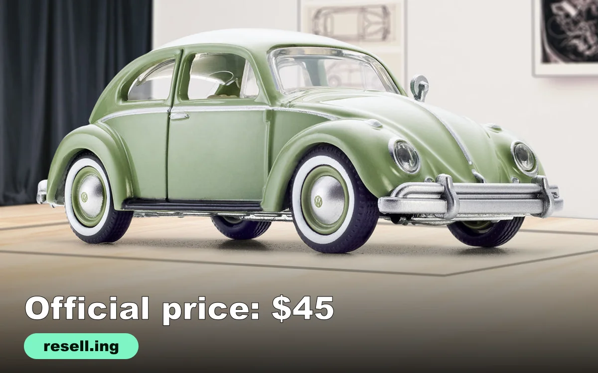 Official product image of the mignonette green 1959 VW Beetle Hot Wheels x MoMA 1:64 die-cast car with whitewall wheels, with the resell.ing logo and the text Official price: $45