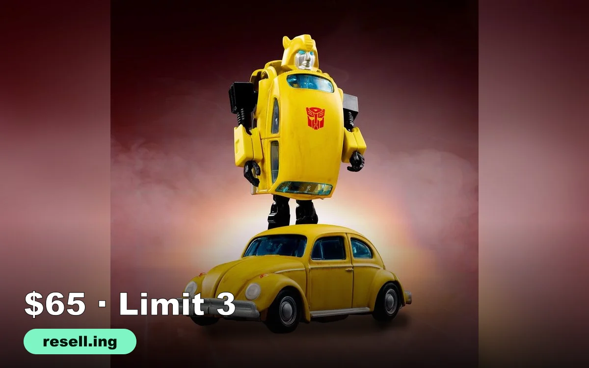 The Hot Wheels Transformers Bumblebee shown in yellow robot mode standing above its weathered 1967 Volkswagen Beetle vehicle mode, with a $65 Limit 3 callout and the resell.ing logo