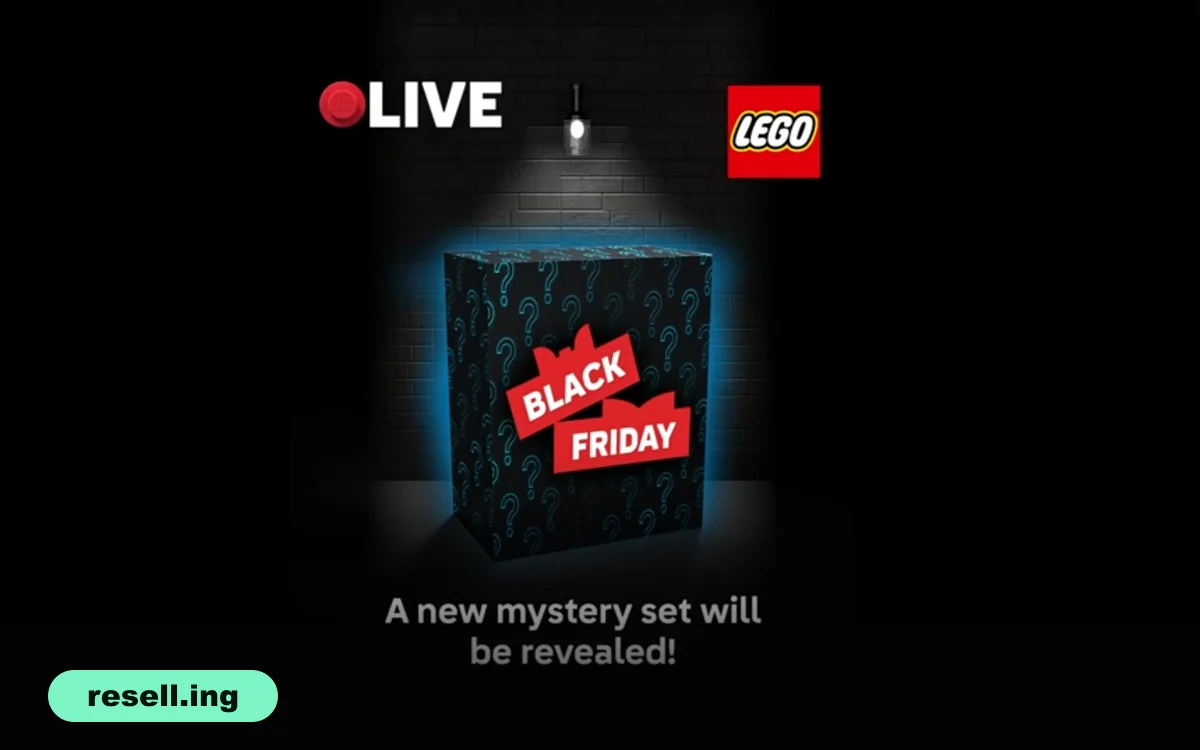 LEGO's Black Friday livestream graphic showing a black mystery box with question marks under a spotlight, captioned "A new mystery set will be revealed!"