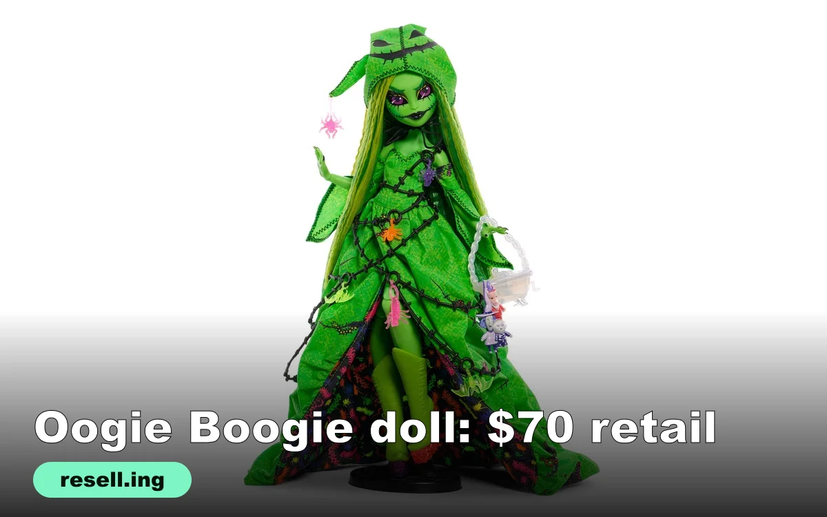 Monster High Skullector Oogie Boogie doll in a bright green stitched gown with a bathtub purse holding Lock, Shock and Barrel, on a white background
