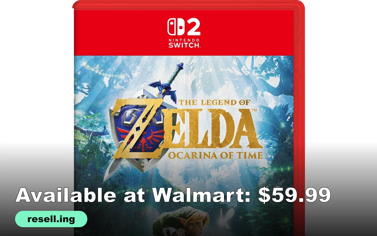 Nintendo Switch 2 game case for The Legend of Zelda: Ocarina of Time with the gold Zelda logo and Master Sword on the cover, with the resell.ing logo