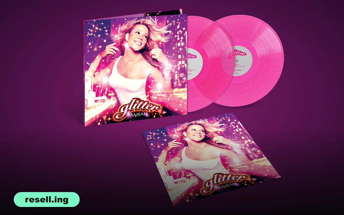 Official product shot of Mariah Carey's Glitter 25th anniversary Glittering Pink 2LP with gatefold sleeve, two pink glitter discs and the signed lithograph, with the resell.ing logo