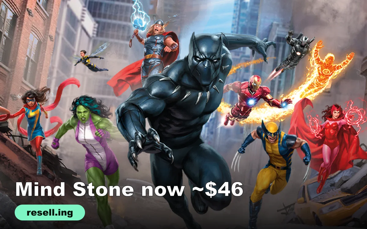 Official Magic: The Gathering Marvel Super Heroes key art showing Black Panther, Thor, Iron Man, Wolverine, Scarlet Witch, She-Hulk and other heroes running through a damaged city street