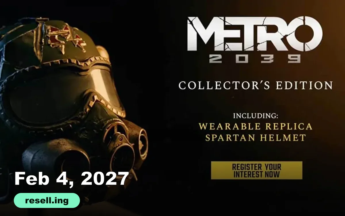 Official Metro 2039 Collector's Edition teaser showing the wearable replica Spartan helmet, with the resell.ing logo