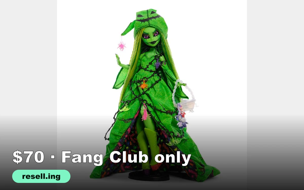 Monster High Skullector Oogie Boogie doll in a neon green gown with black stitching, burlap-style hood, bug charms and a bathtub purse with Lock, Shock and Barrel
