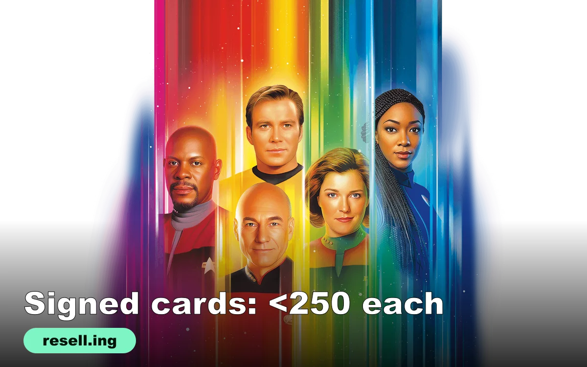 Official Magic: The Gathering Star Trek key art showing Star Trek captains including Jean-Luc Picard in front of rainbow light streaks