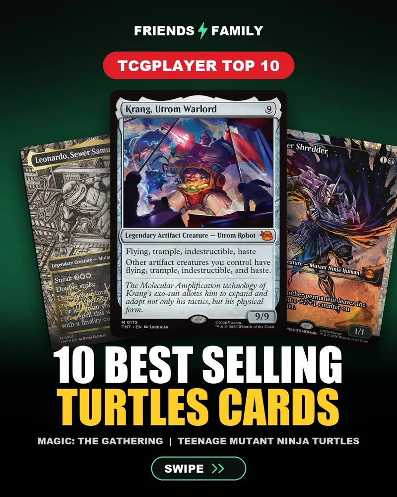 TMNT Magic top 10 best selling cards cover: Krang, Utrom Warlord in front of the signed Leonardo and Super Shredder