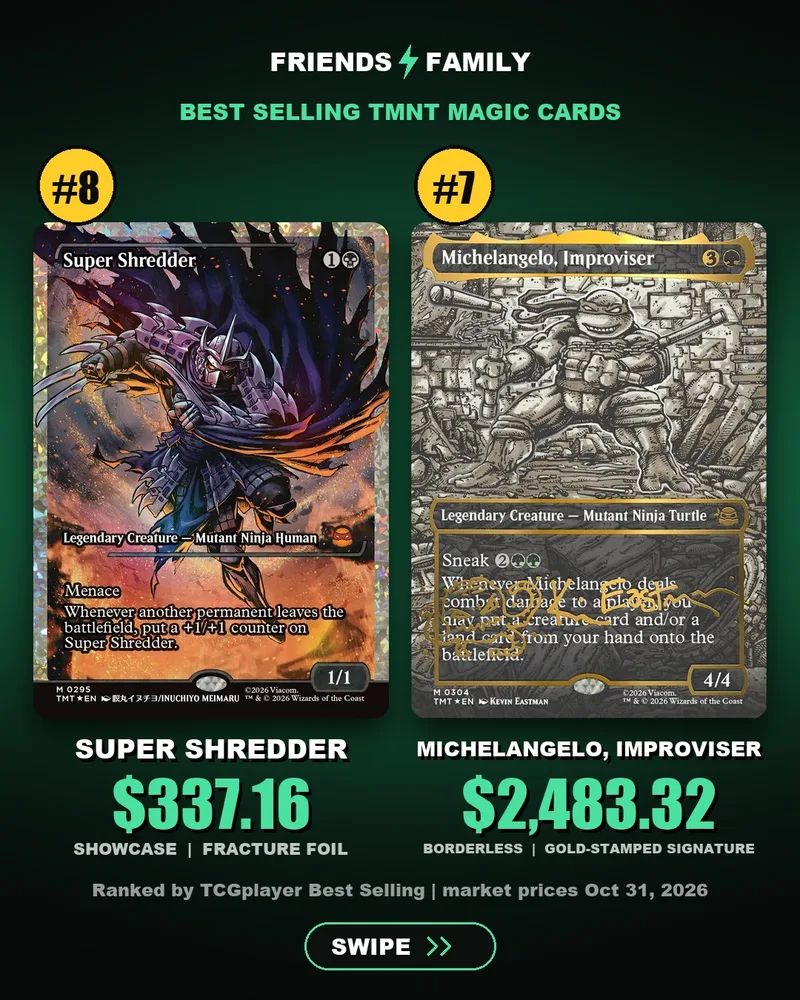Number 8 Super Shredder Showcase Fracture Foil at $337.16 and number 7 signed Michelangelo, Improviser at $2,483.32