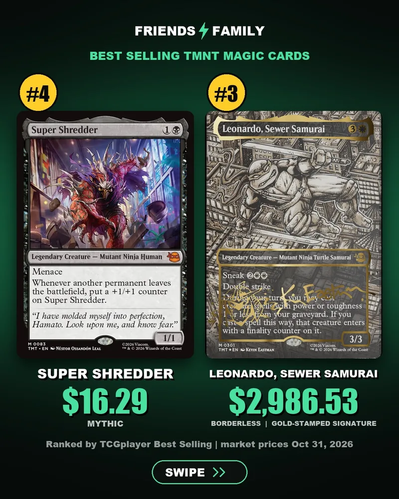 Number 4 Super Shredder at $16.29 and number 3 signed Leonardo, Sewer Samurai at $2,986.53