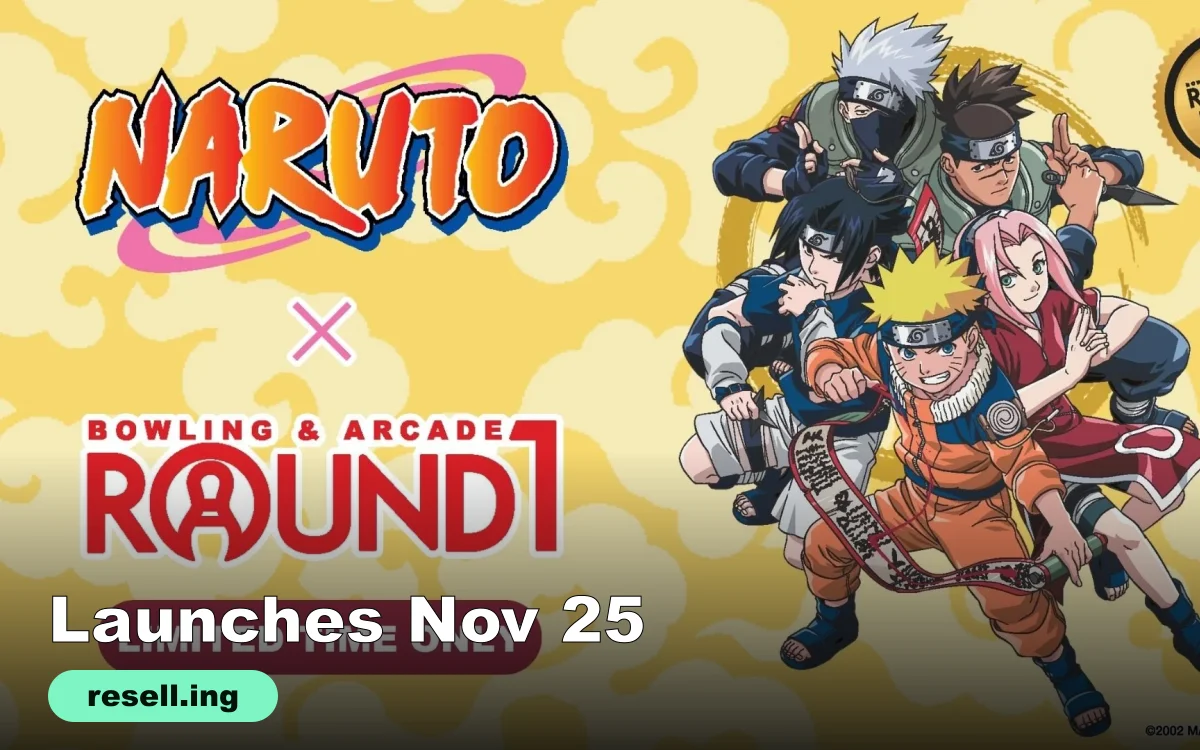 Official Naruto x Round1 Bowling & Arcade collaboration artwork showing Naruto, Sasuke, Sakura, Kakashi and Iruka beside the Round1 logo and a Limited Time Only banner
