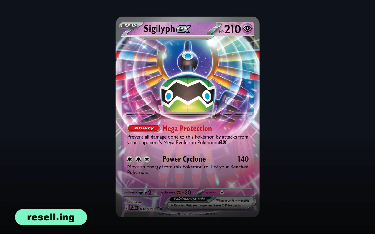 A Sigilyph ex Pokémon TCG card from The Pokémon Company's Worlds 2026 announcement, shown on a dark background