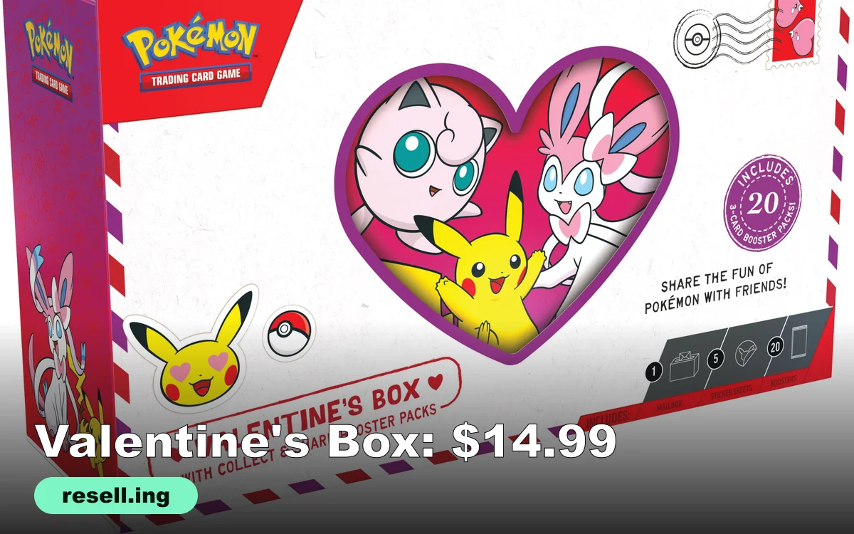 Pokémon TCG Valentine's Box with a heart window showing Jigglypuff, Pikachu and Sylveon on an airmail-style envelope design, with the resell.ing logo
