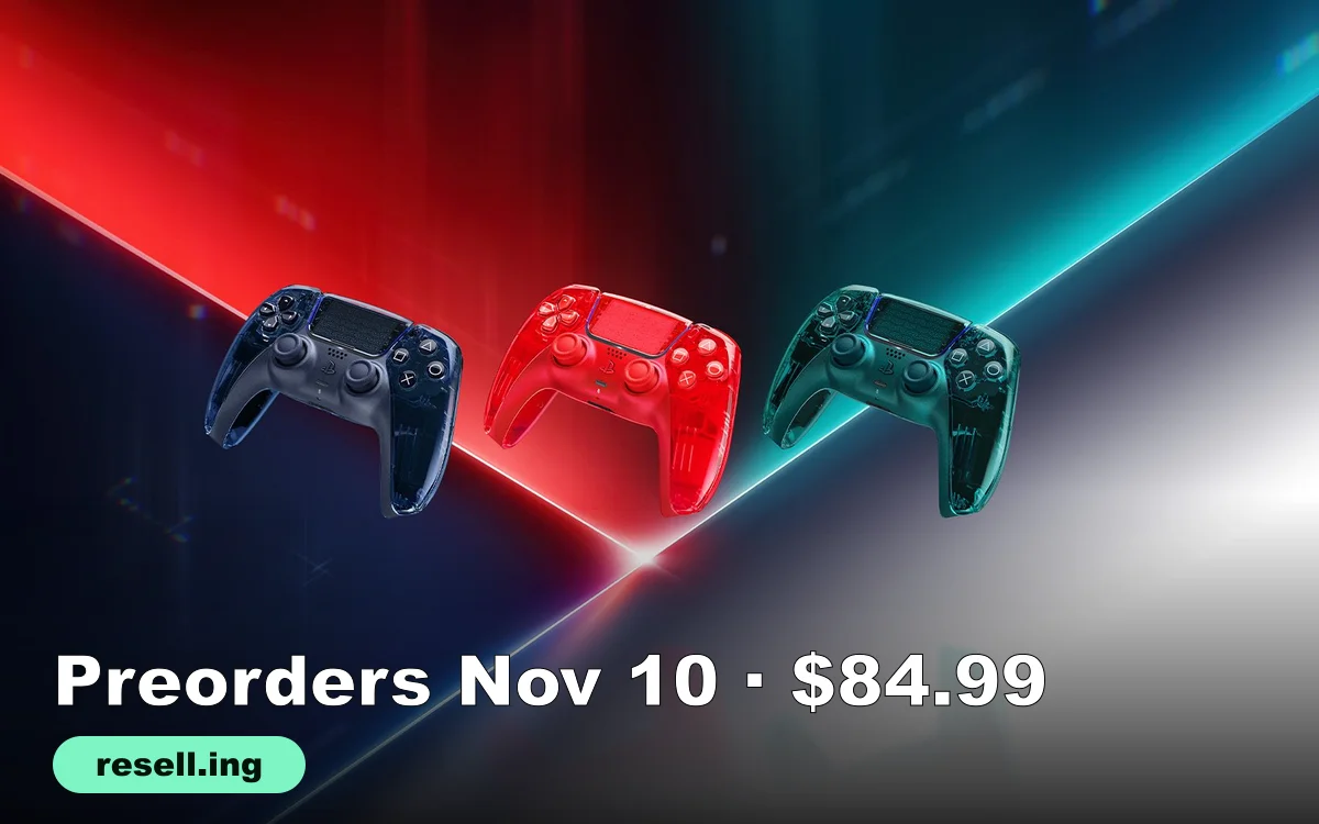 Three transparent glossy PS5 DualSense controllers from the PlayStation Prism Collection in gray, red-orange and green against a glowing red and teal background