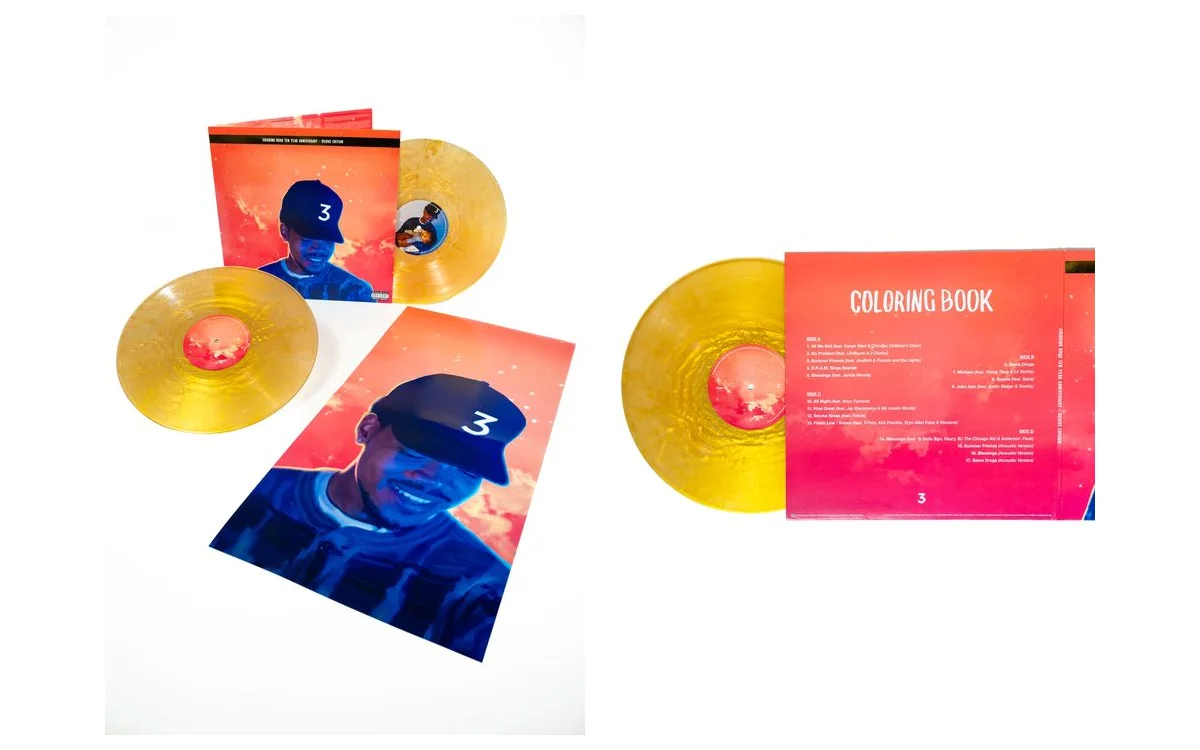 The Coloring Book deluxe edition gatefold, both gold records, the poster and the back cover with the bonus acoustic tracks