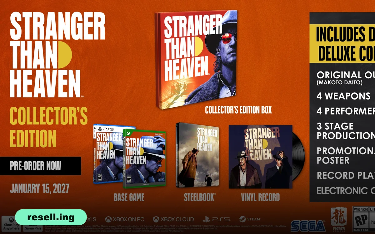 Official SEGA promo graphic for the Stranger Than Heaven Collector's Edition showing the collector's box, PS5 and Xbox cases, SteelBook and vinyl record, with the resell.ing logo