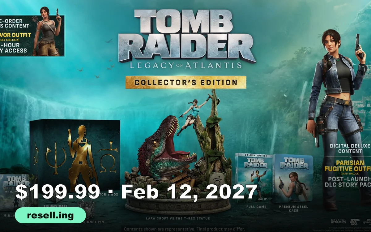 Official Crystal Dynamics promo art for the Tomb Raider: Legacy of Atlantis Collector's Edition showing the Lara Croft vs the T-Rex statue, collector's box, steel case, art book, pin and keychain, with the resell.ing logo