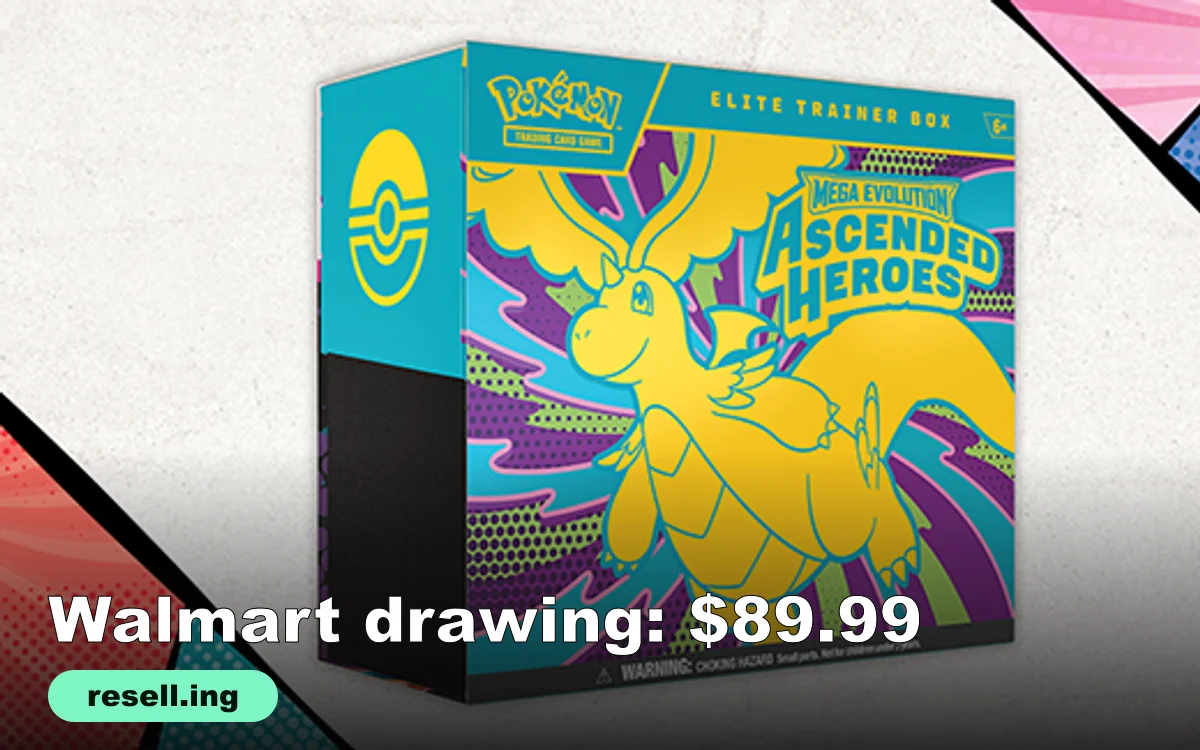 Pokémon TCG Mega Evolution Ascended Heroes Elite Trainer Box, a teal box with a gold Dragonite on a purple and green burst