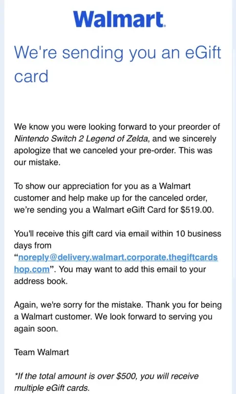 Walmart email titled "We're sending you an eGift card," apologizing for canceling a Nintendo Switch 2 Legend of Zelda pre-order and offering a $519.00 Walmart eGift card