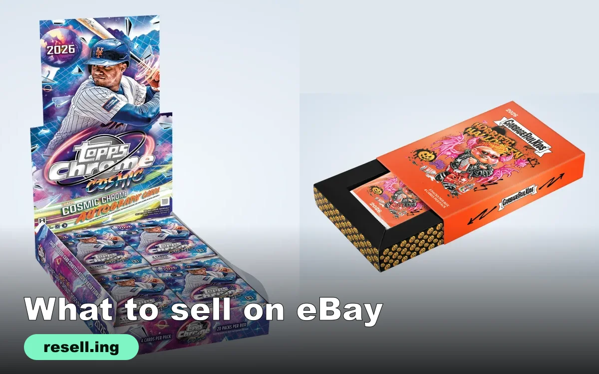 The 2026 Topps Chrome Cosmic Baseball hobby box next to the orange 2026 Garbage Pail Kids Halloween hobby box, with the text What to sell on eBay and the resell.ing logo
