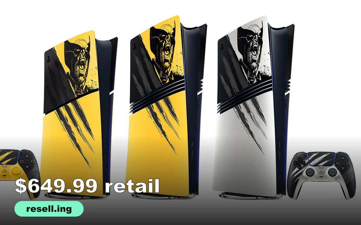 Official image of the Marvel's Wolverine limited edition PS5 lineup: a Battle Yellow console cover, a second yellow cover, a silver Adamantium cover and two matching DualSense controllers, each with Jock's ink-style Wolverine artwork and claw marks, with the resell.ing logo
