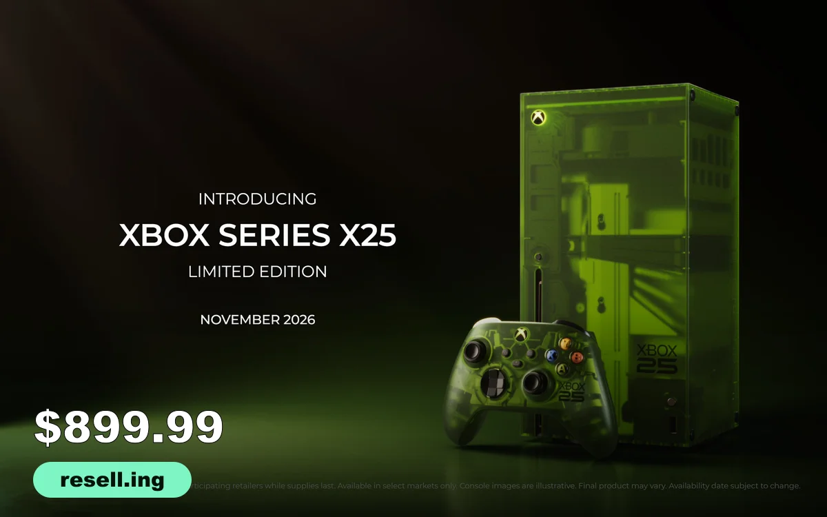 Official Xbox promo image of the translucent OG Green Xbox Series X25 Limited Edition console and matching controller, with the resell.ing logo