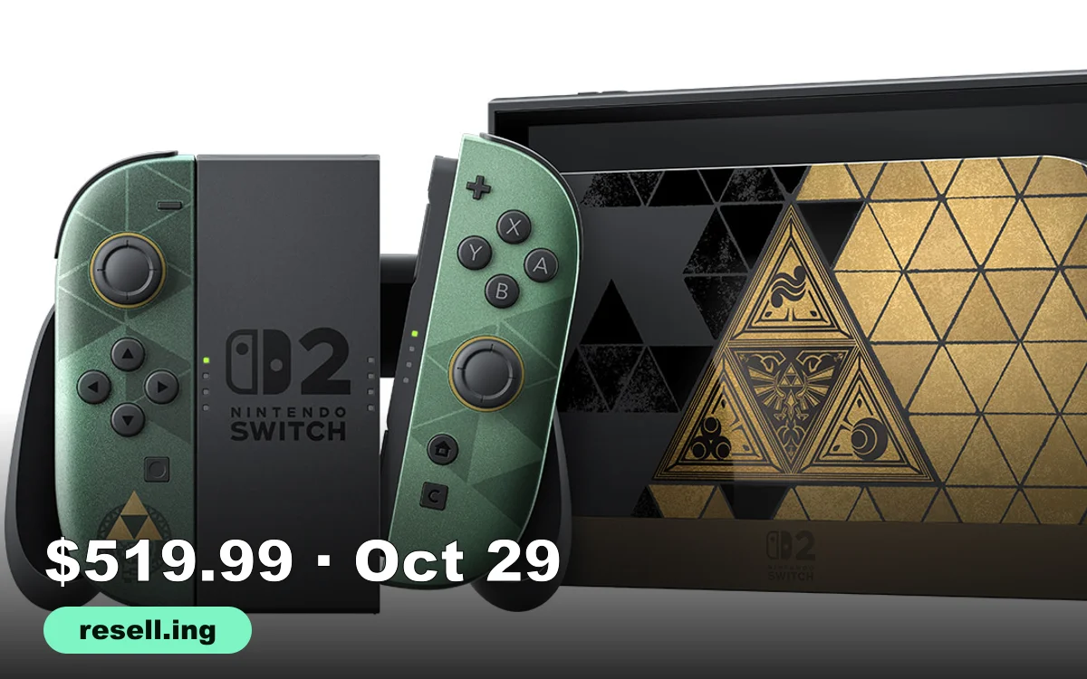 Official Nintendo image of the Zelda 40th Anniversary Edition Nintendo Switch 2 with green and gold Triforce Joy-Con 2 controllers and a gold Triforce dock, with the resell.ing logo