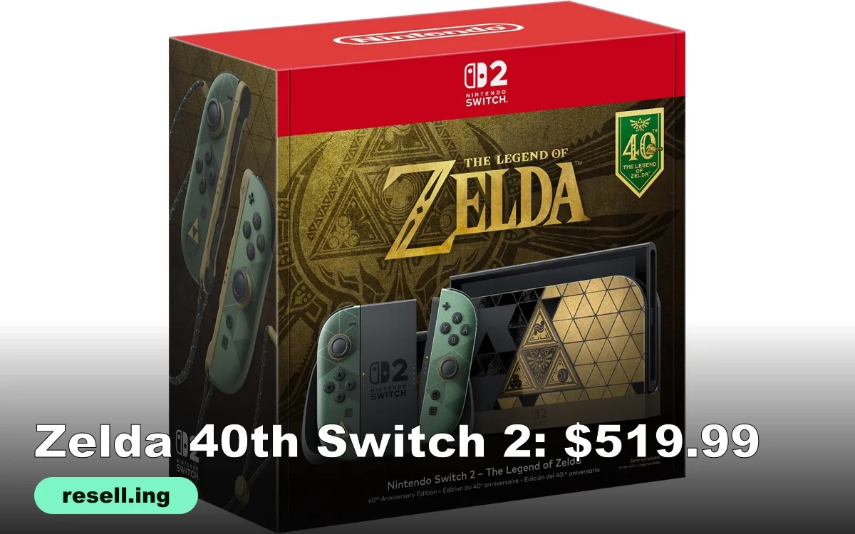 Boxed Nintendo Switch 2 The Legend of Zelda 40th Anniversary Edition with green and gold Joy-Con 2 controllers and a gold Triforce dock, with the resell.ing logo