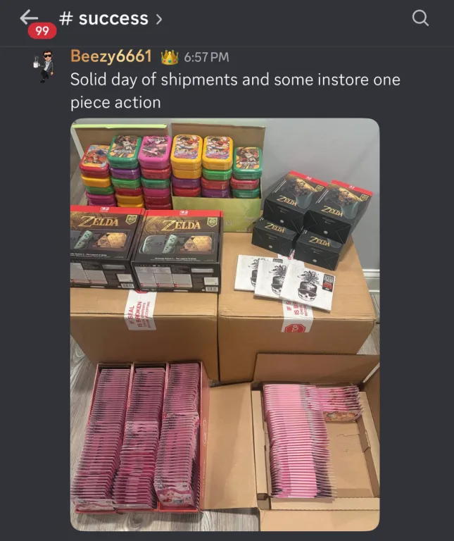Beezy6661's #success post: a day of shipments with Zelda 40th Anniversary Switch 2 consoles, Pro Controllers and carrying cases stacked on boxes