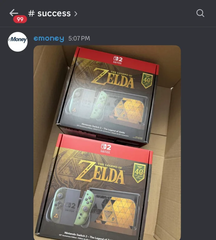 emoney's #success post: two boxed Zelda 40th Anniversary Switch 2 consoles in a shipping box