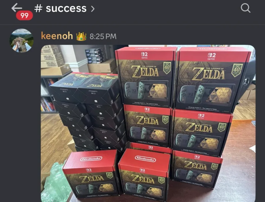 keenoh's #success post: a stack of boxed Zelda 40th Anniversary Switch 2 consoles and Pro Controllers